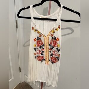 Embroidered Floral White Blouse Tie Neck Sleeveless L